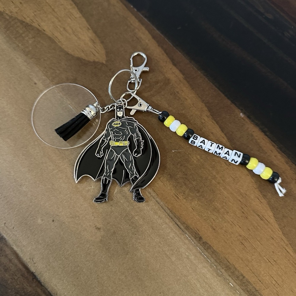 Handmade Batman Keychain Beaded Charm with Tassel – Superhero Gift Key Ring